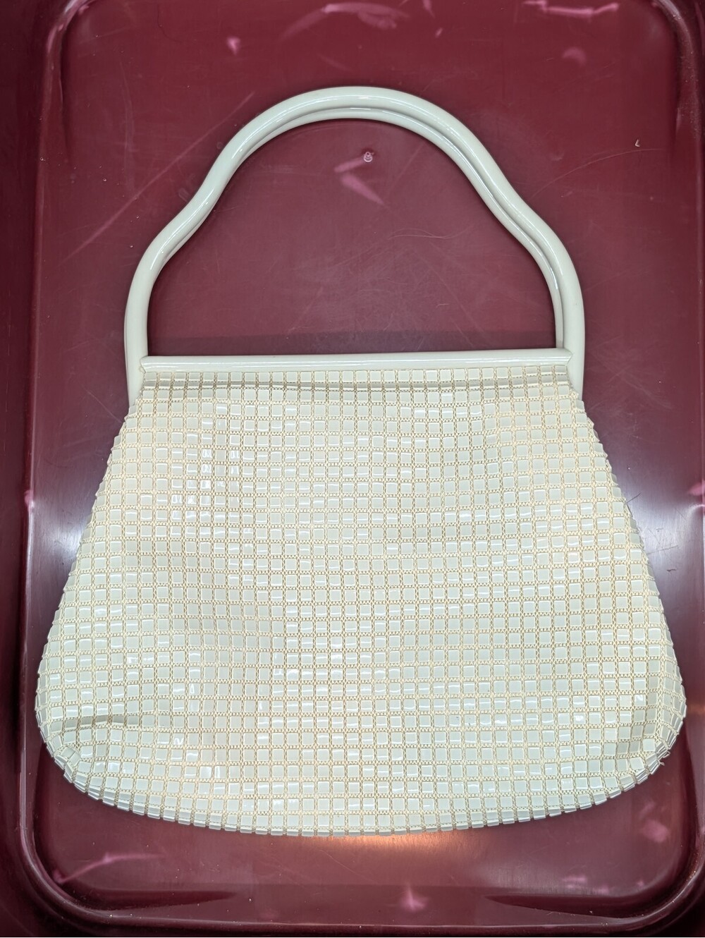 Vintage Lumured Cream Plastic Tile Purse White Lucite Handle Mid Century Handbag